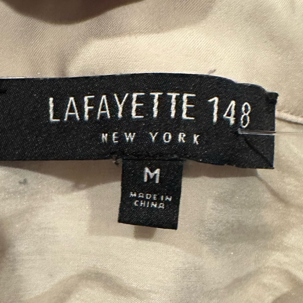 Lafayette 148 Scottie Silk Animal Print Leopard Black Cream White Blue Blouse M - Picture 7 of 11